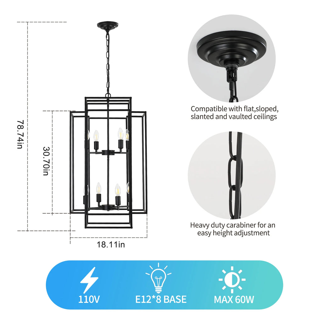 Chandelier, 8-Light Metal Cage Pendant Lighting Fixture