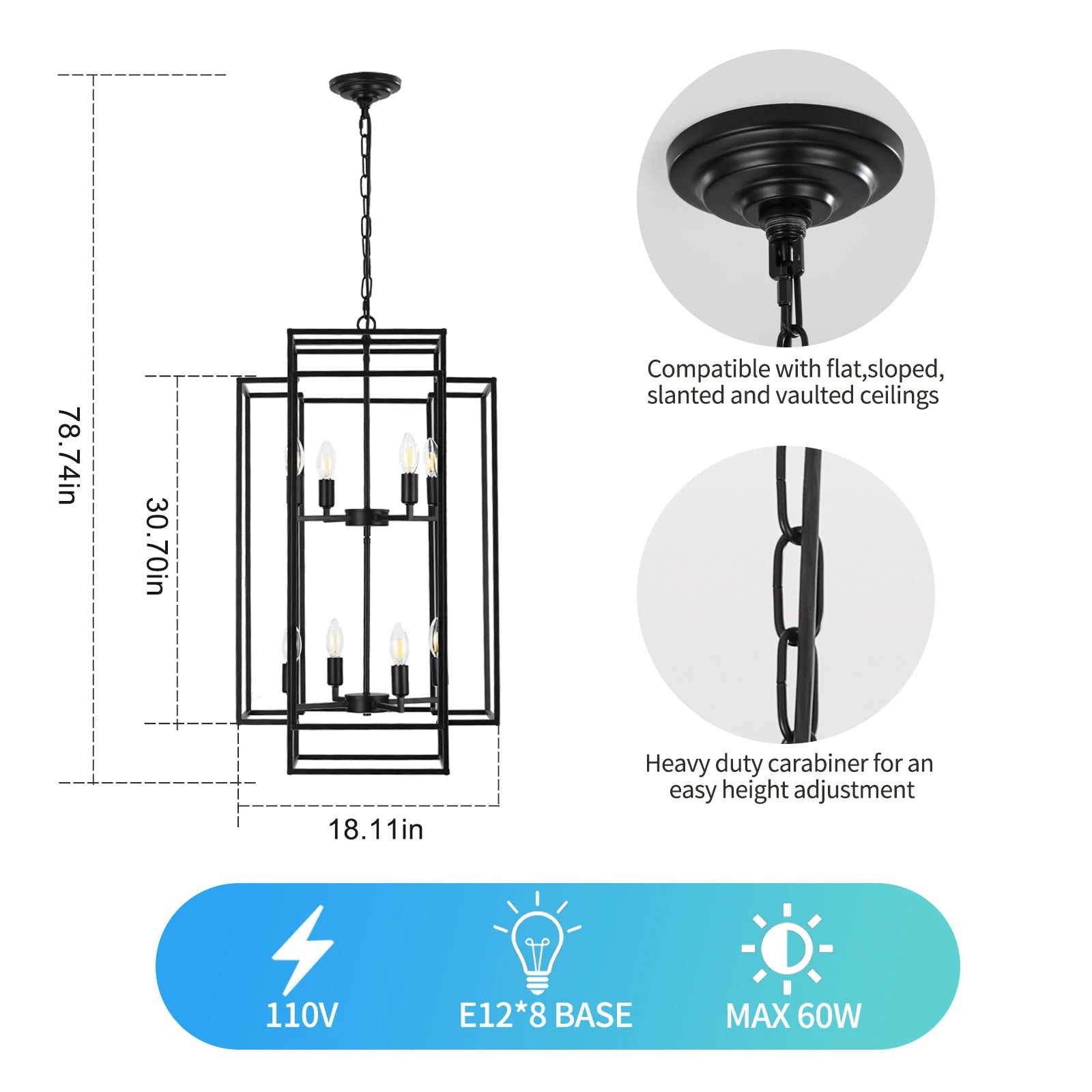 Chandelier, 8-Light Metal Cage Pendant Lighting Fixture