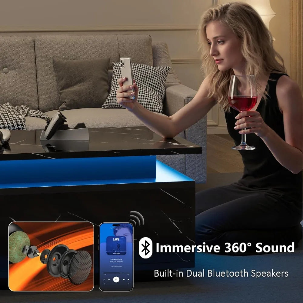 High Gloss Black Coffee Table LED, Storage, Wireless Charging, Speaker
