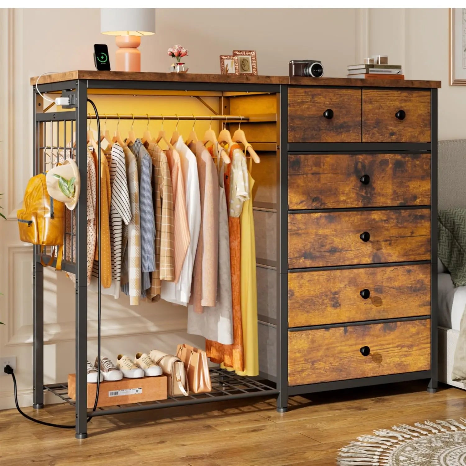49.2" Dresser w/Hanging Rack, 6 Drawers, LED Lights , Charging Station, Fabric Dressers