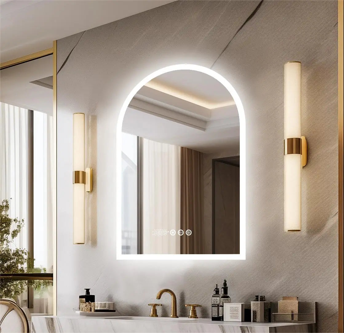 60x90CM Arched LED Mirror Backlit Frameless Antifog Time/Temperature Display