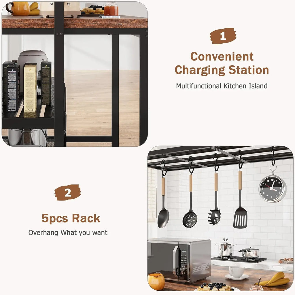 42" Island Storage Seating, 3-Tier Baker's Rack, Microwave Stand, Hooks 50lb Capacity