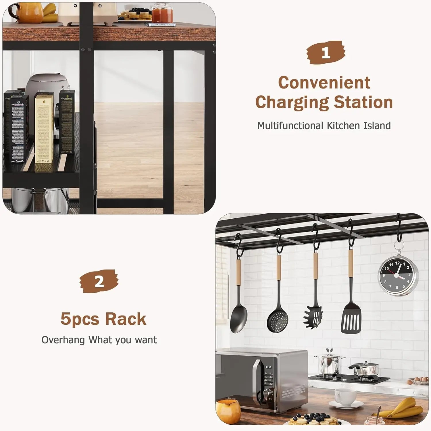 42" Island Storage Seating, 3-Tier Baker's Rack, Microwave Stand, Hooks 50lb Capacity