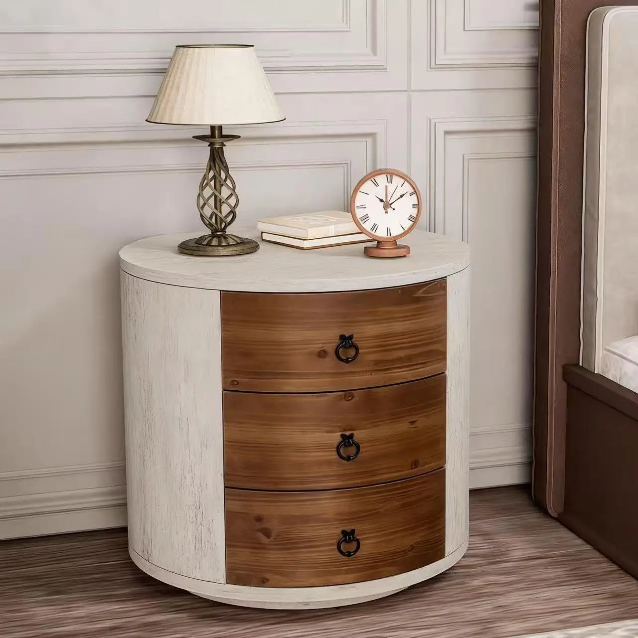White Nightstand 2-Drawer & Storage Flower Motif