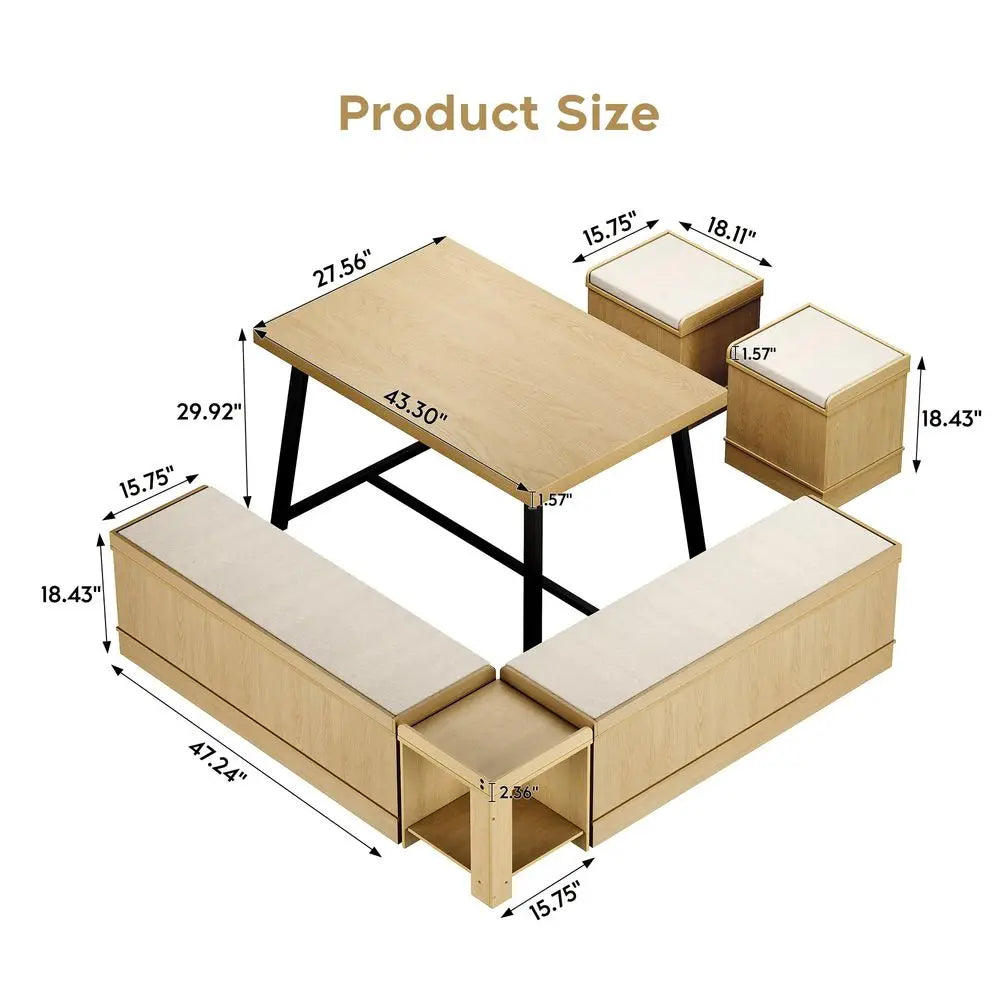 43Inch 5-Piece Corner Dining Table Set,  w/Bench Hidden Storage, 2 Ottomans