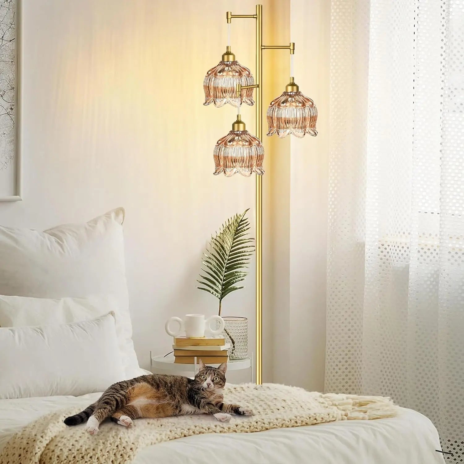 68IN Gold Floor Lamp Unique Glass Shades Includes 3 Bulbs