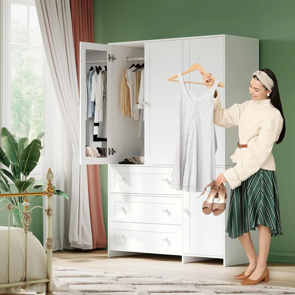 71" Wooden Armoire Wardrobe 3-Drawers Mirror Hanging Rod Large Capacity