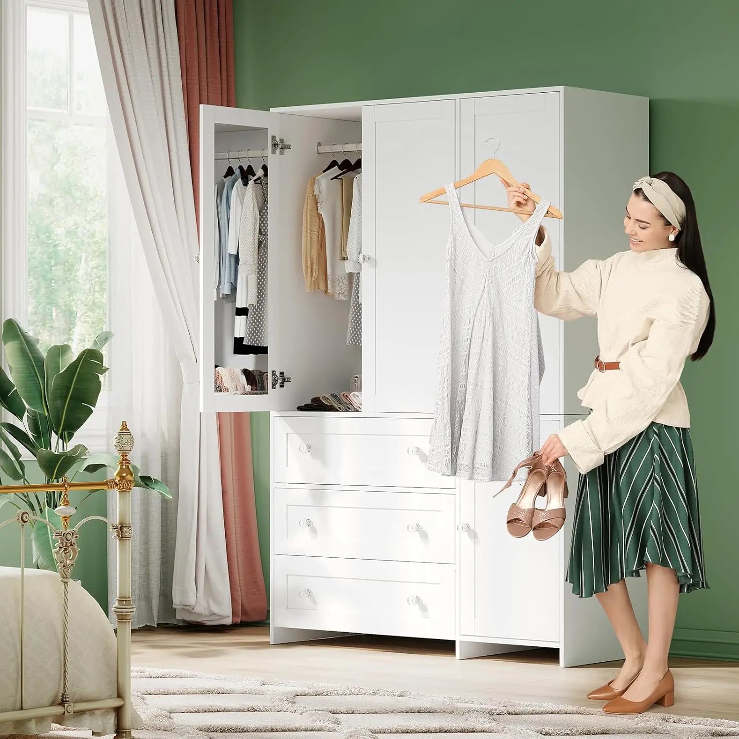 71" Wooden Armoire Wardrobe 3-Drawers Mirror Hanging Rod Large Capacity