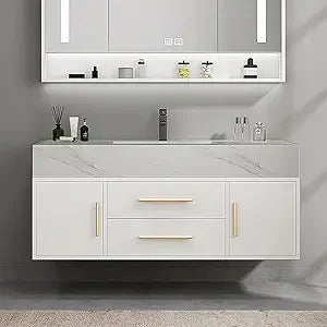Floating Vanity, Sintered Stone Sink, 2 Drawers, 2 Walnut Doors