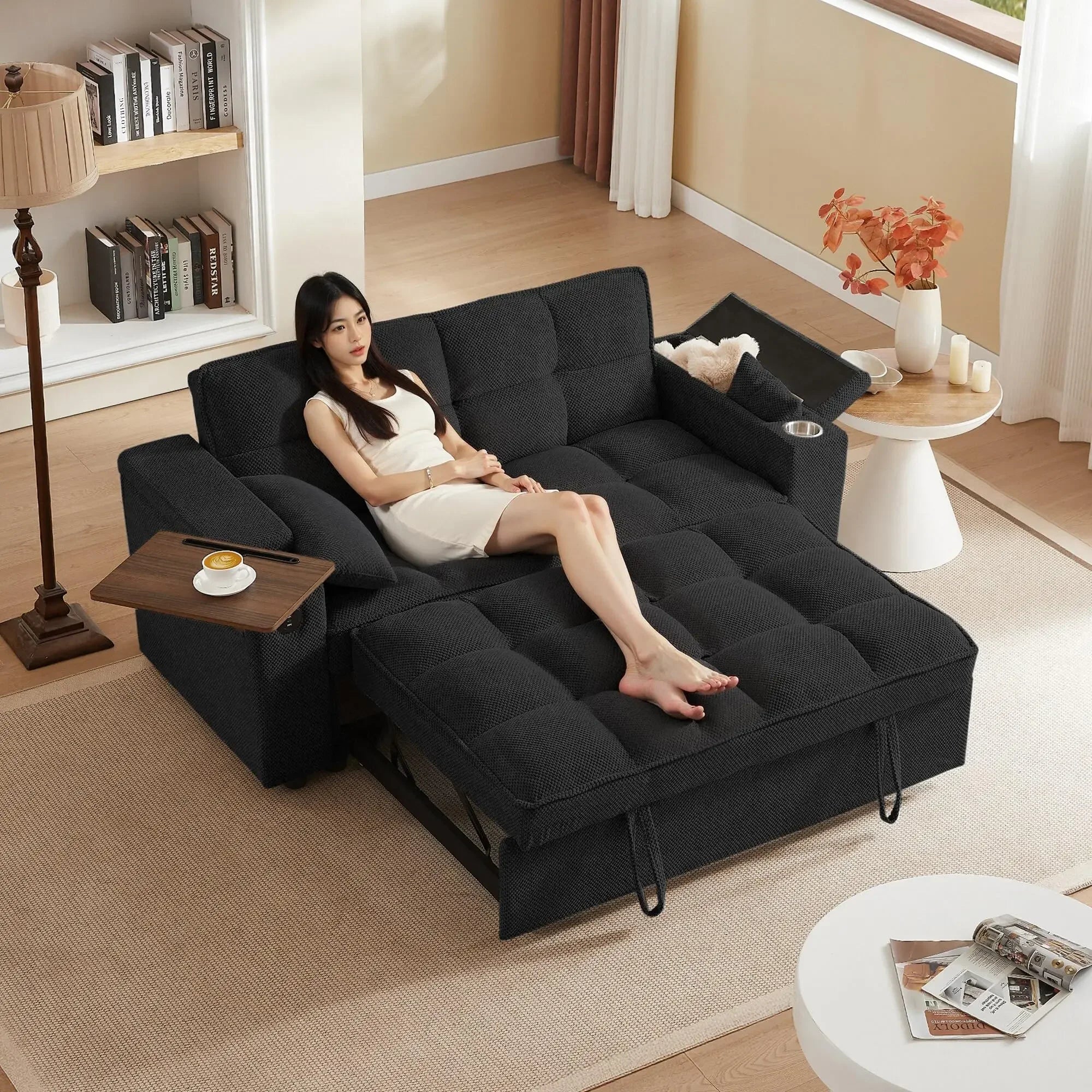 65'' 3-in-1 Folding, Pullout, Convertible Sofa Bed, 360° Swivel Side Table