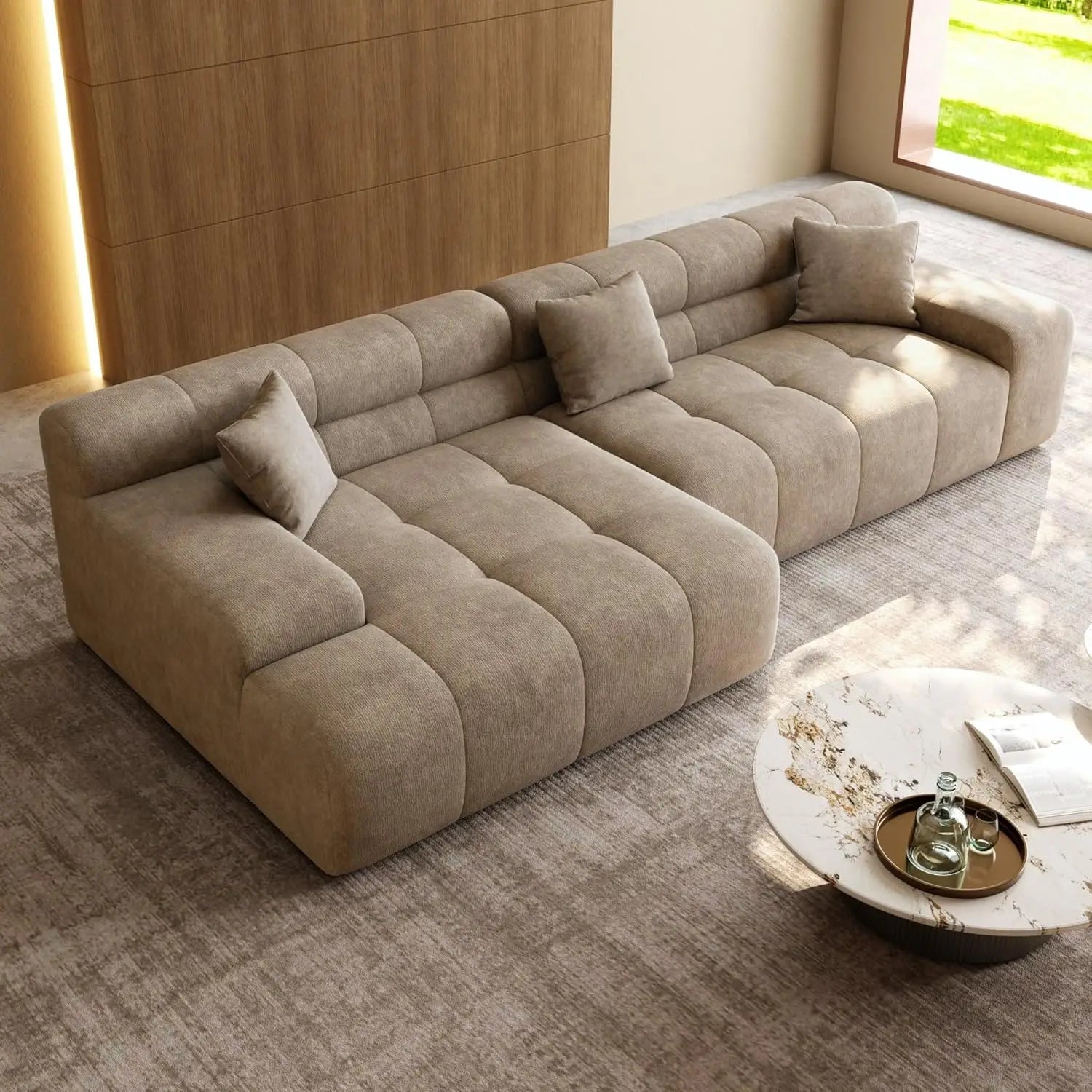 120" Tufted L-Shape Sectional Sofa Deep Seat Oversized Chaise, White