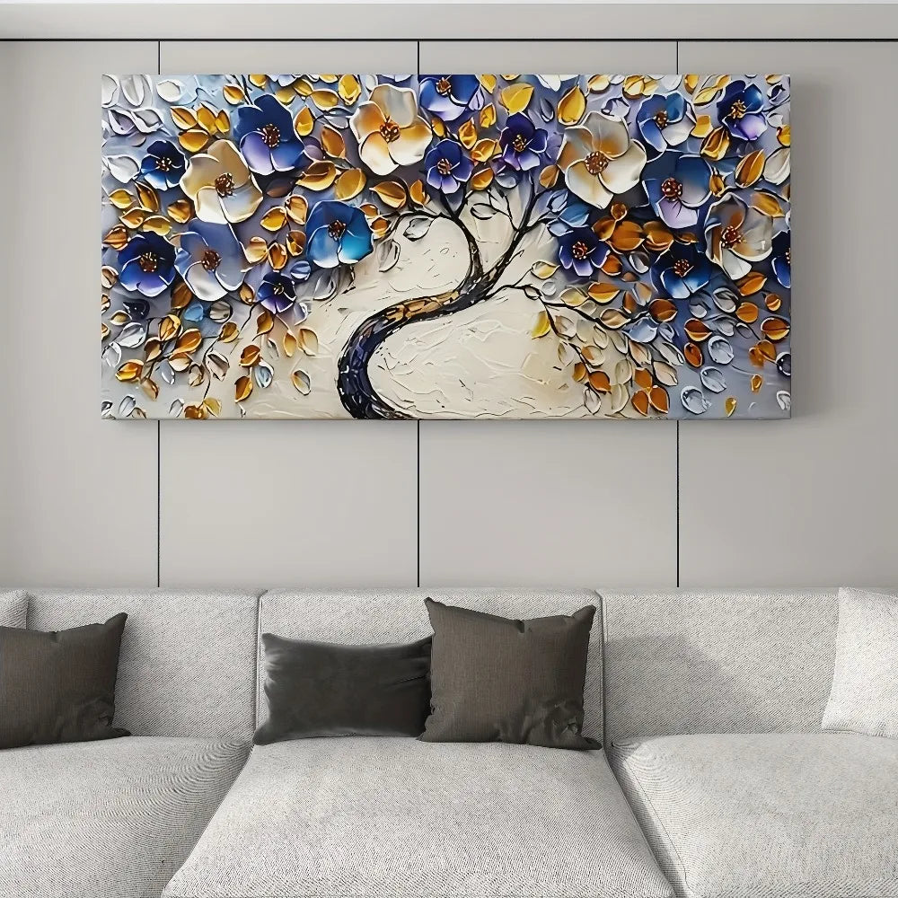 Large abstract Floral tree canvas - Blue textured, 1.5" wood frame