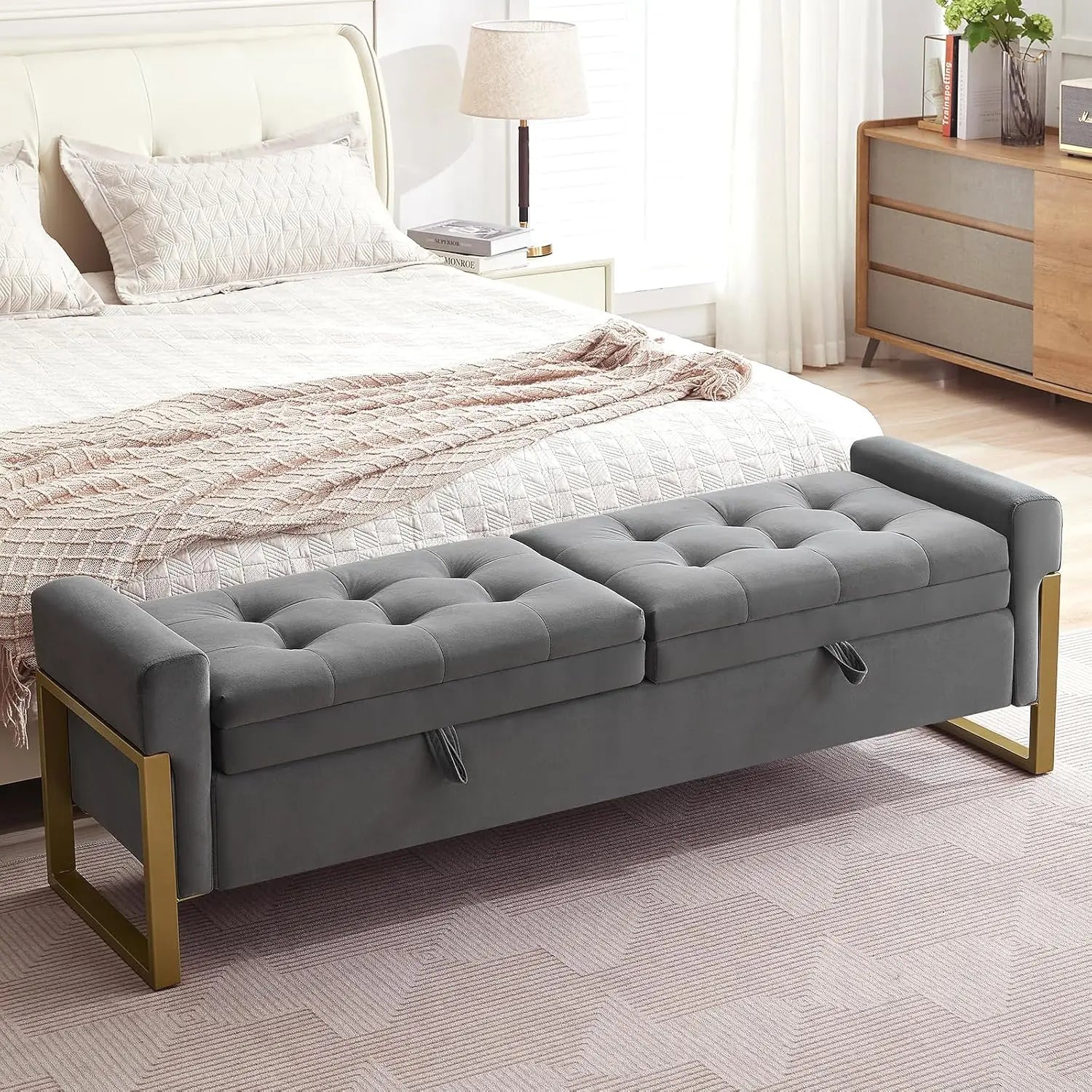 67" End of Bed Ottoman Storage Bench Golden Legs