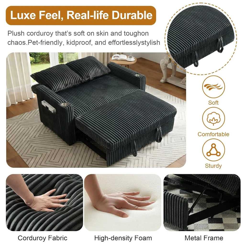 3-in-1 Sleeper Sofa Bed, 53'' Corduroy Loveseat Adjustment Backrest