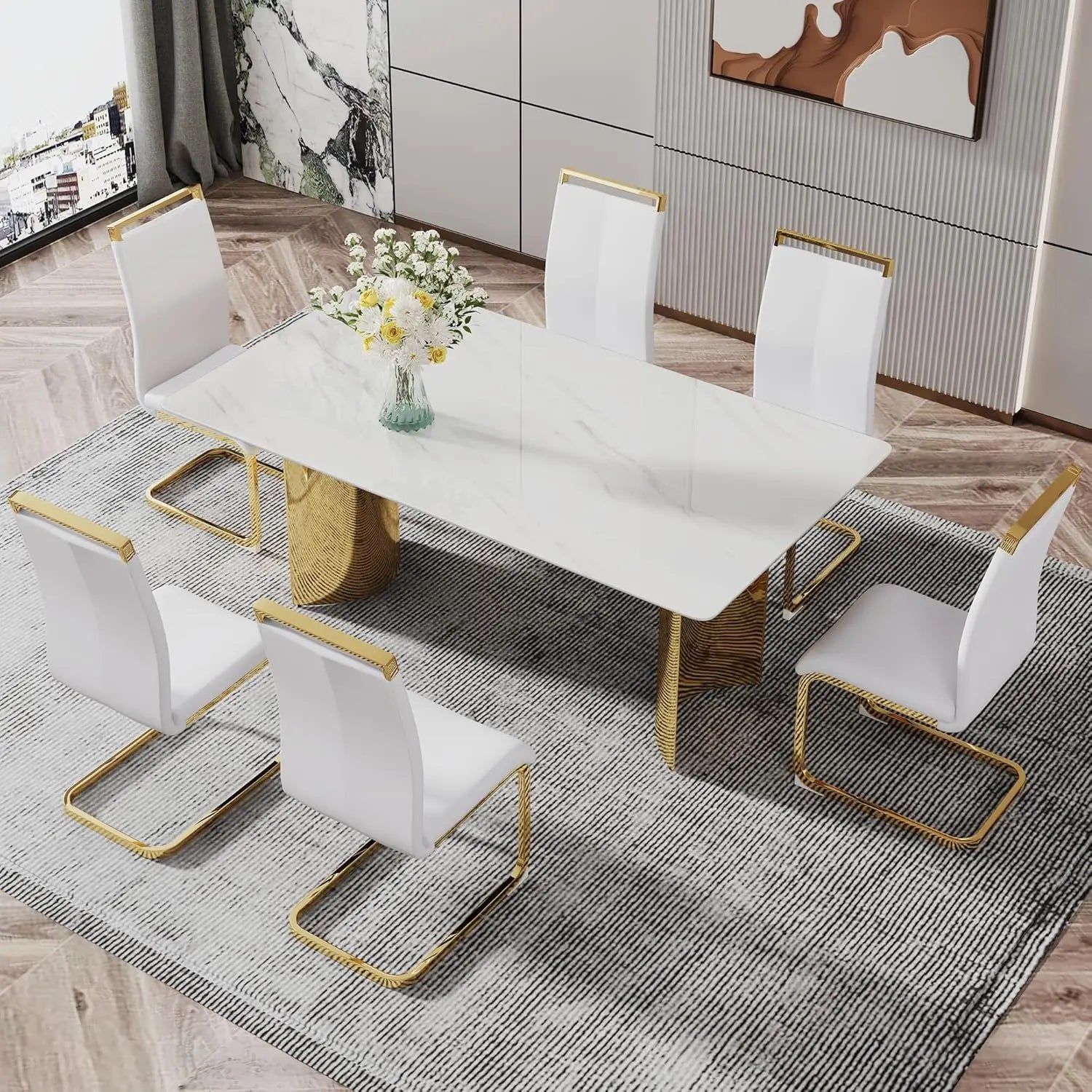 71IN Gold Table for 8, White Marble Golden Stainless Steel Base
