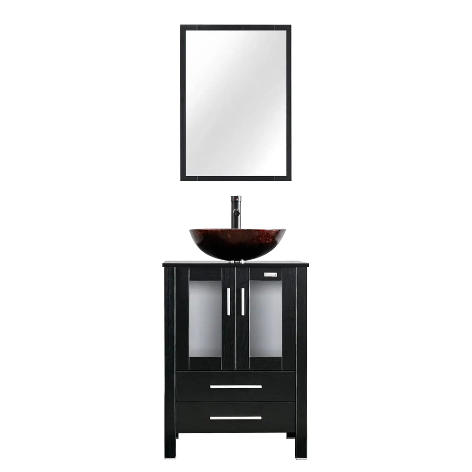 24" Vanity Blue Glass Vessel 2 Drawers Cabinet Soft Closing
