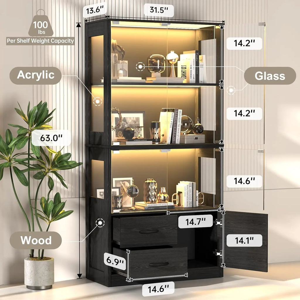 Display Glass Doors, 4-Tier Display 3-Color Lights, Human Body Sensor