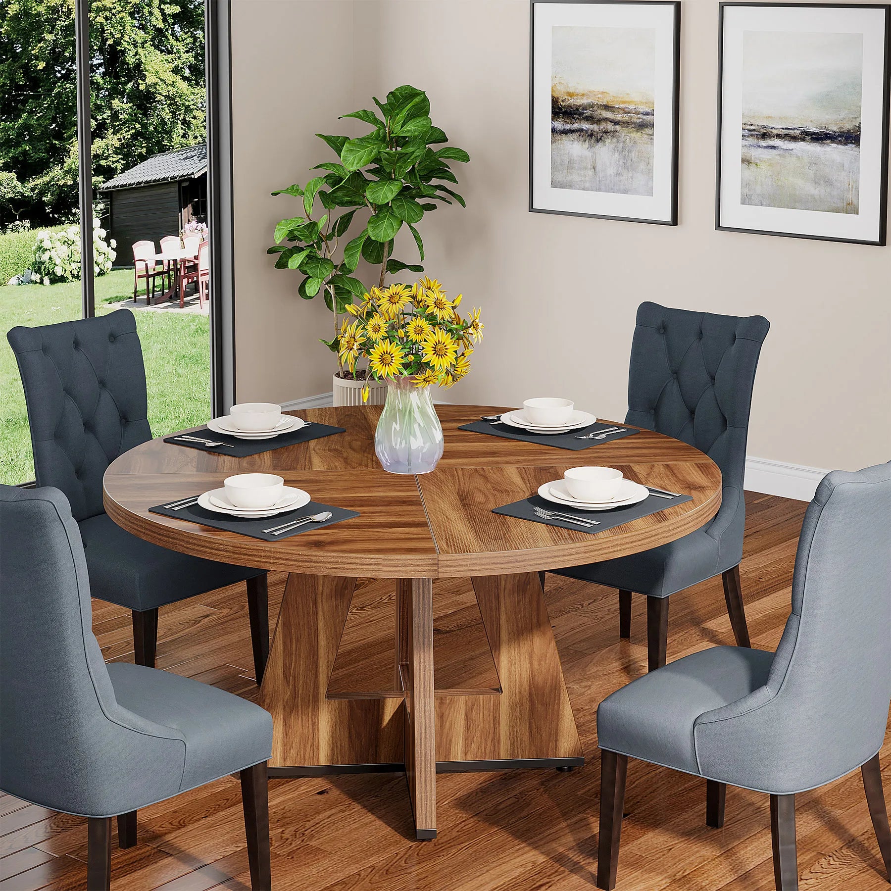Round Dining Table, 4, 47IN Small Dinner Table