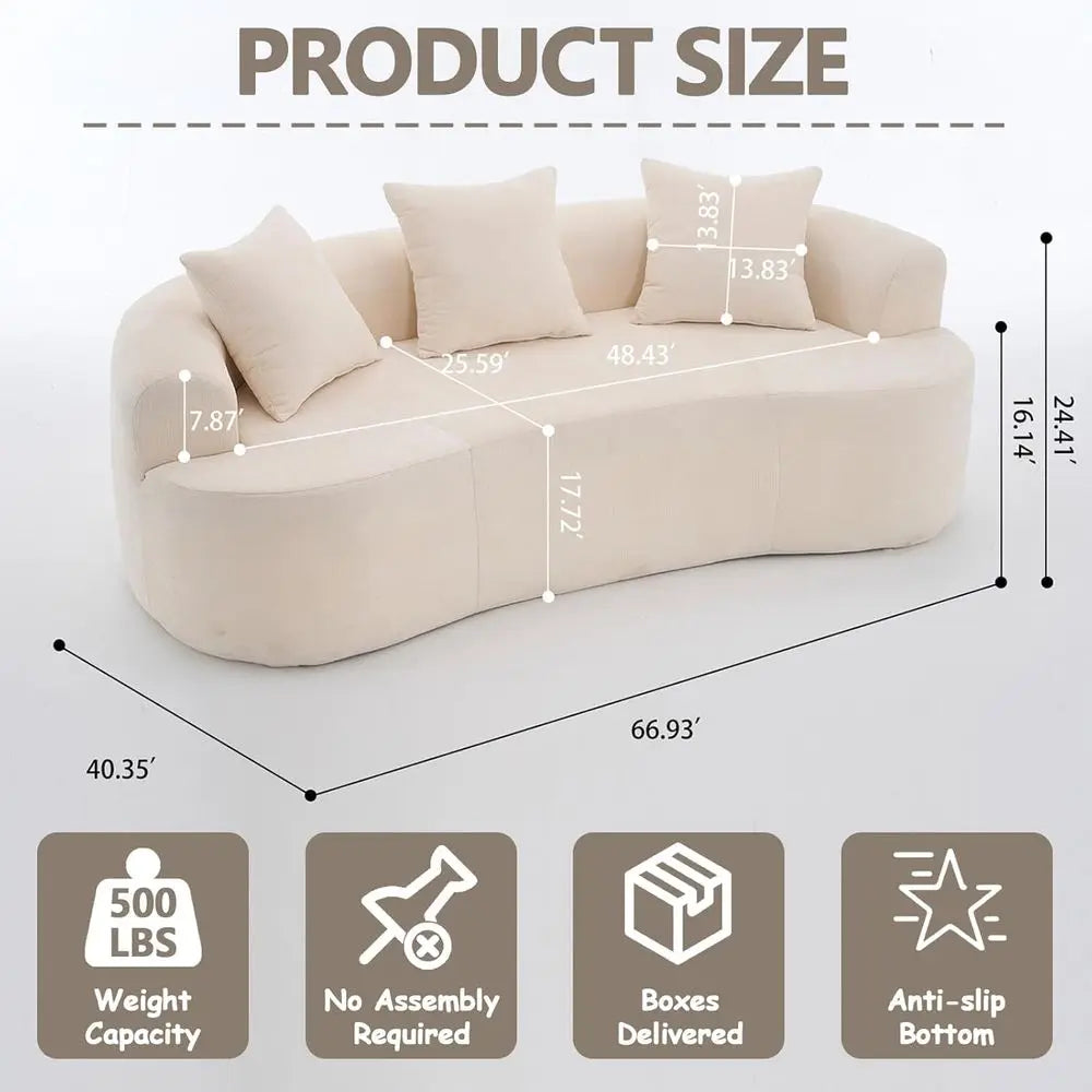 67” Plush Chenille Curved Loveseat, 3 Throw Pillows Extra Wide Armrests