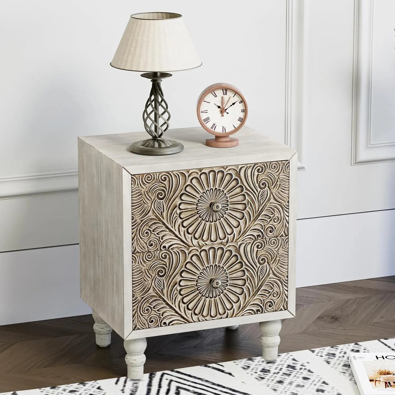 White Nightstand 2-Drawer & Storage Flower Motif