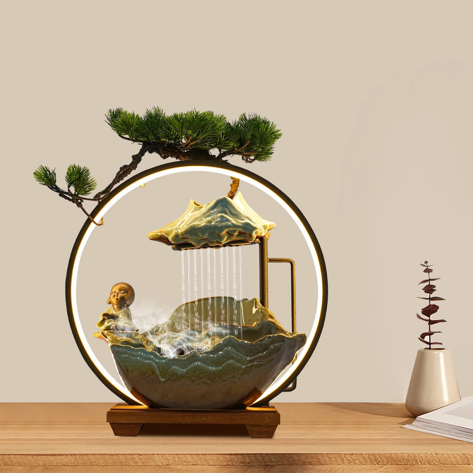 Desktop Ceramic Fountain Chinese Ancient Style Poetry, Book Monk