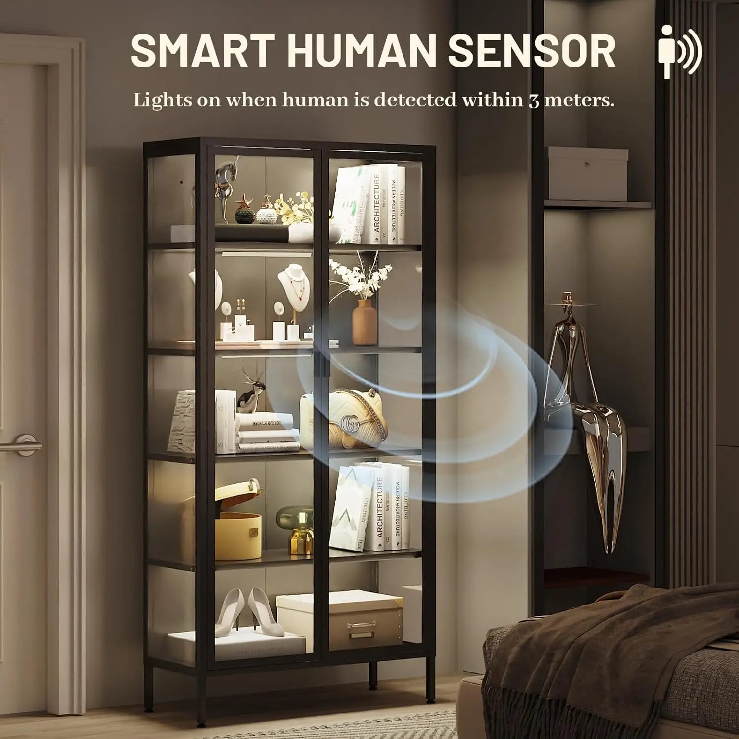 Glass Display Case, LED Lights, Adjustable Shelves
