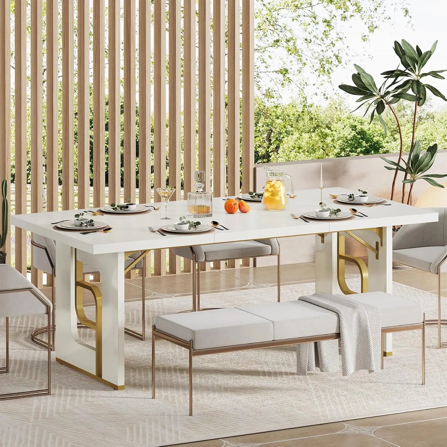 71'' Dining Table Seats 6-8, Metal Legs, Beige Gold, Black