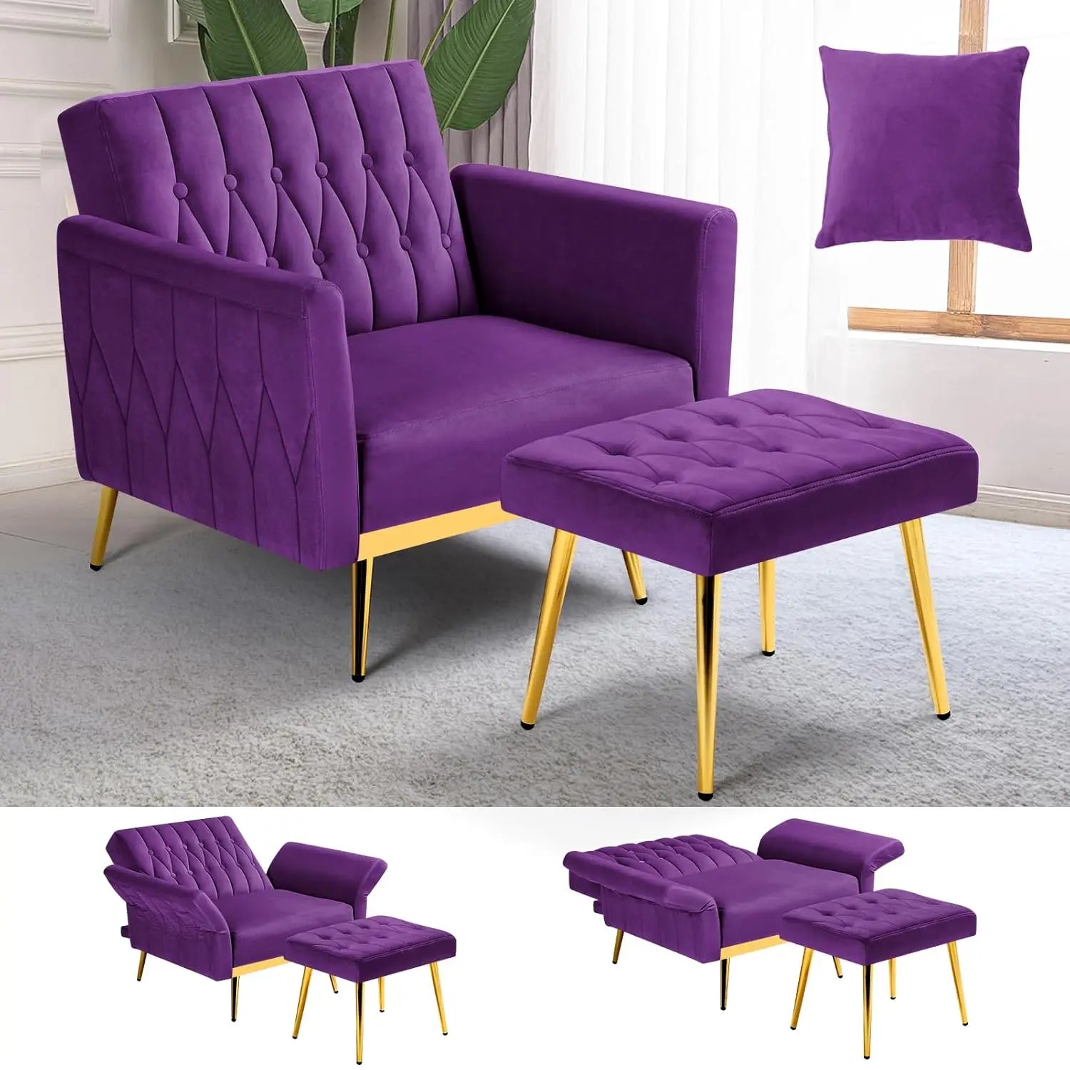 Velvet Recliner Chair Adjustable Armrests and Backrest, Button Tufted Chair