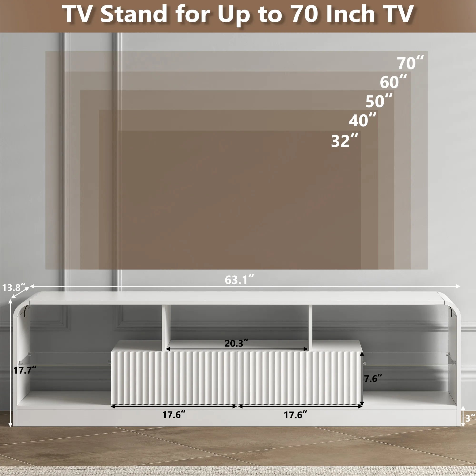For 60/65/70-Inch TVs, Modern Curved TV Console LED Lights, 2 Drawers & Glass Shelves