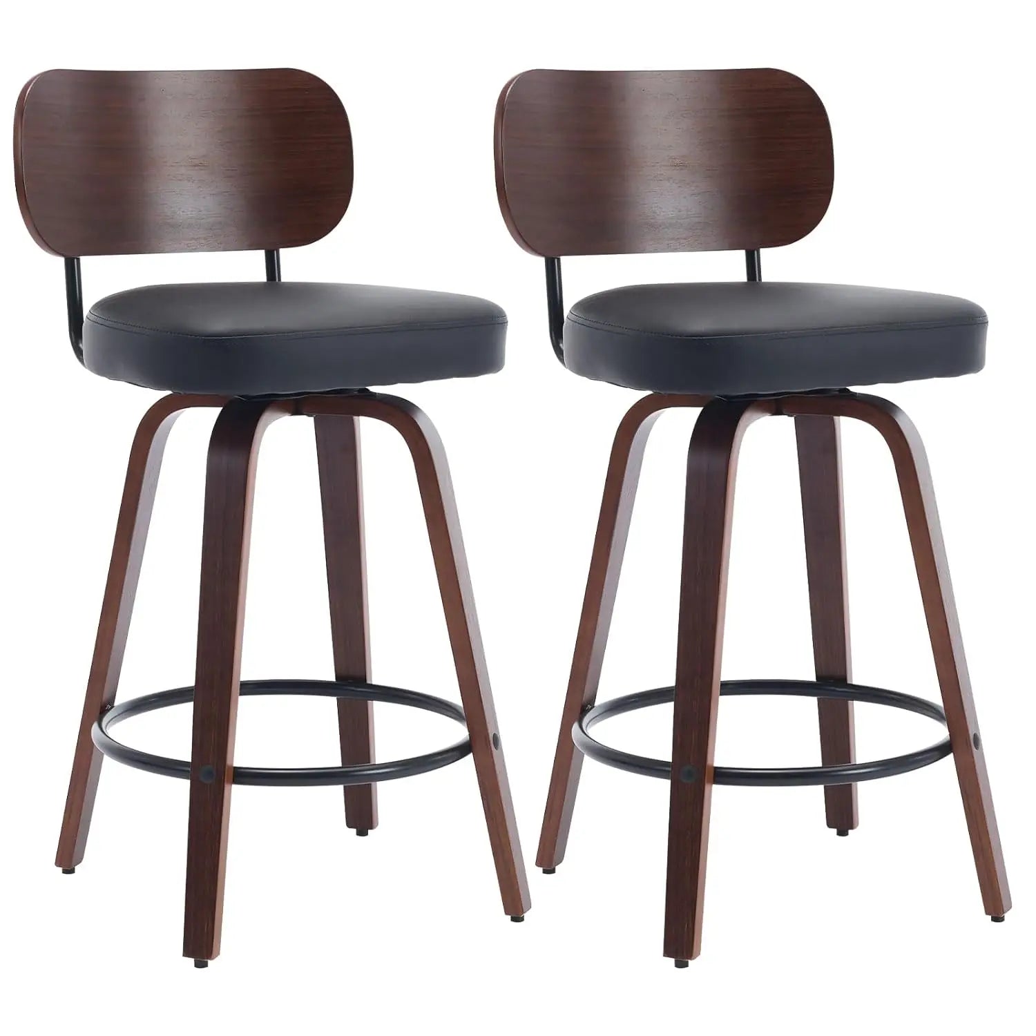 360° Swivel Bar Stools, Low Back Set-of-2, Cherry Wood, Beige PU Upholstered