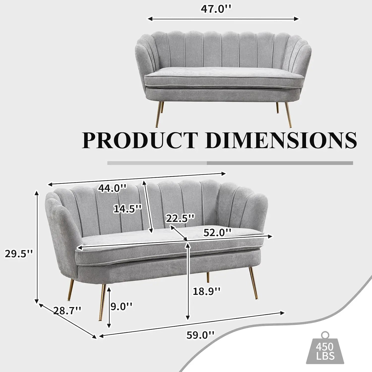 59" Chenille Upholstered Loveseat, Gold Metal Legs, Petal Design