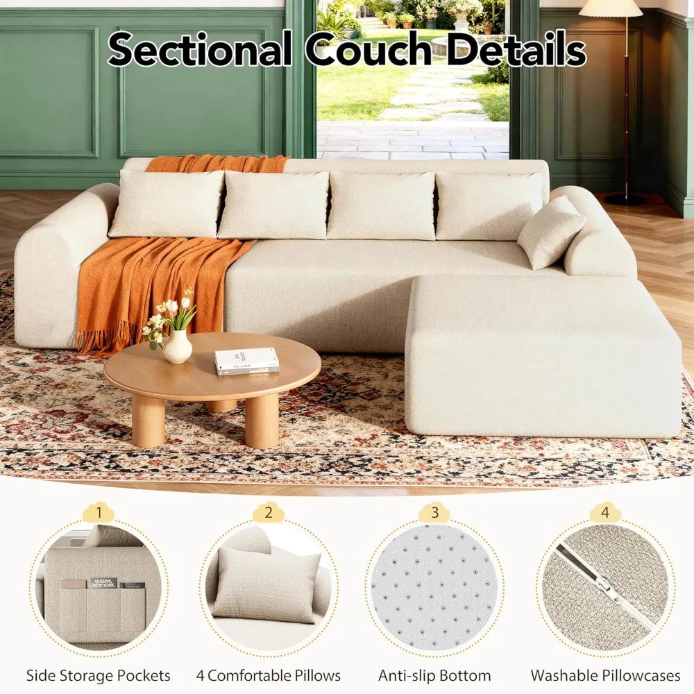 Cloud Boneless Sectional L-Shape 4-Seat Couch Ottoman 4 Pillows