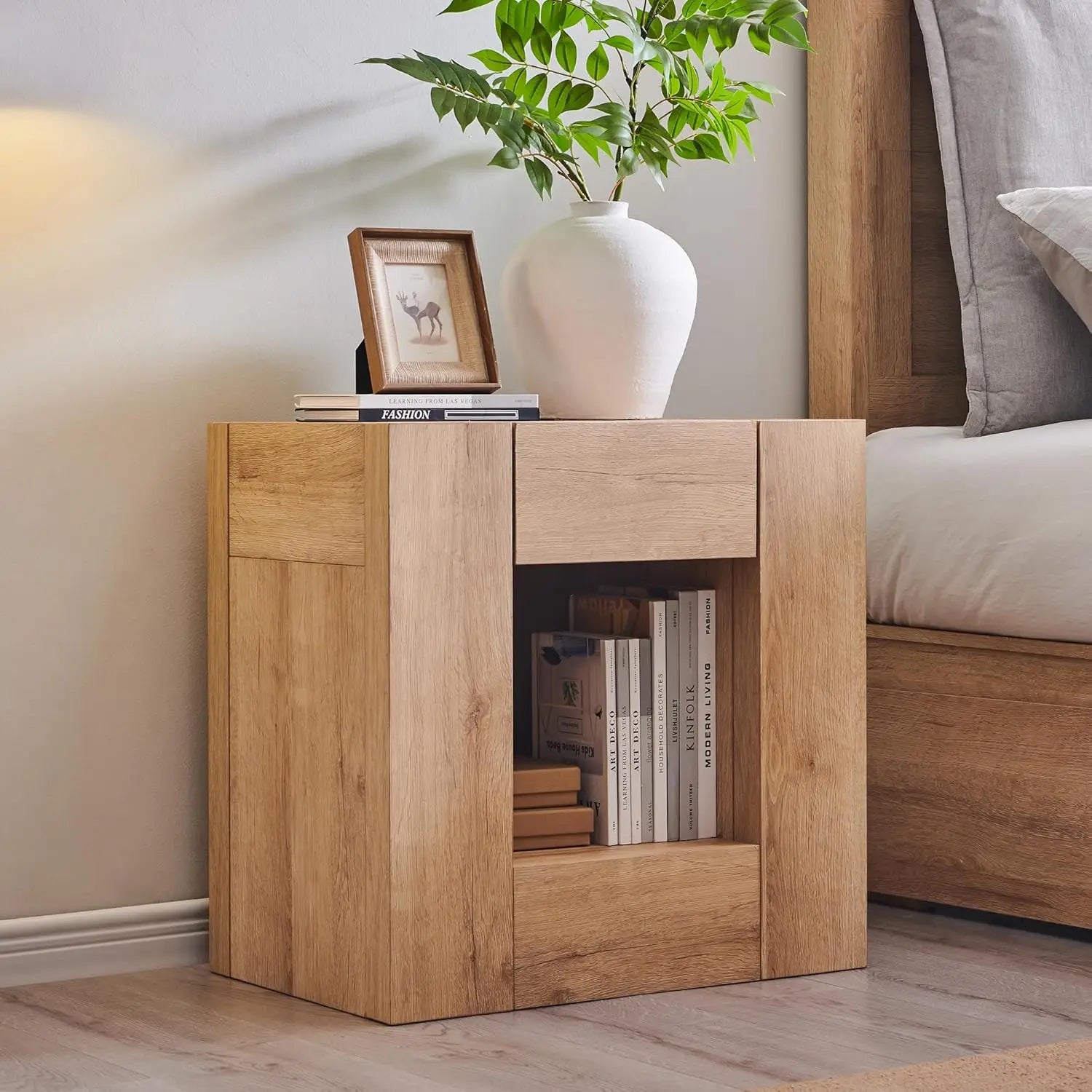 24" Nightstand Charging Station, Hidden Drawers & Open Storage Shelf