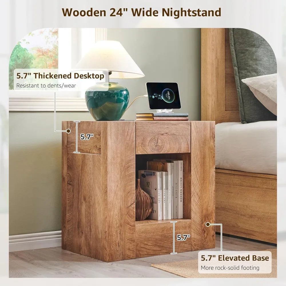24" Nightstand Charging Station, Hidden Drawers & Open Storage Shelf