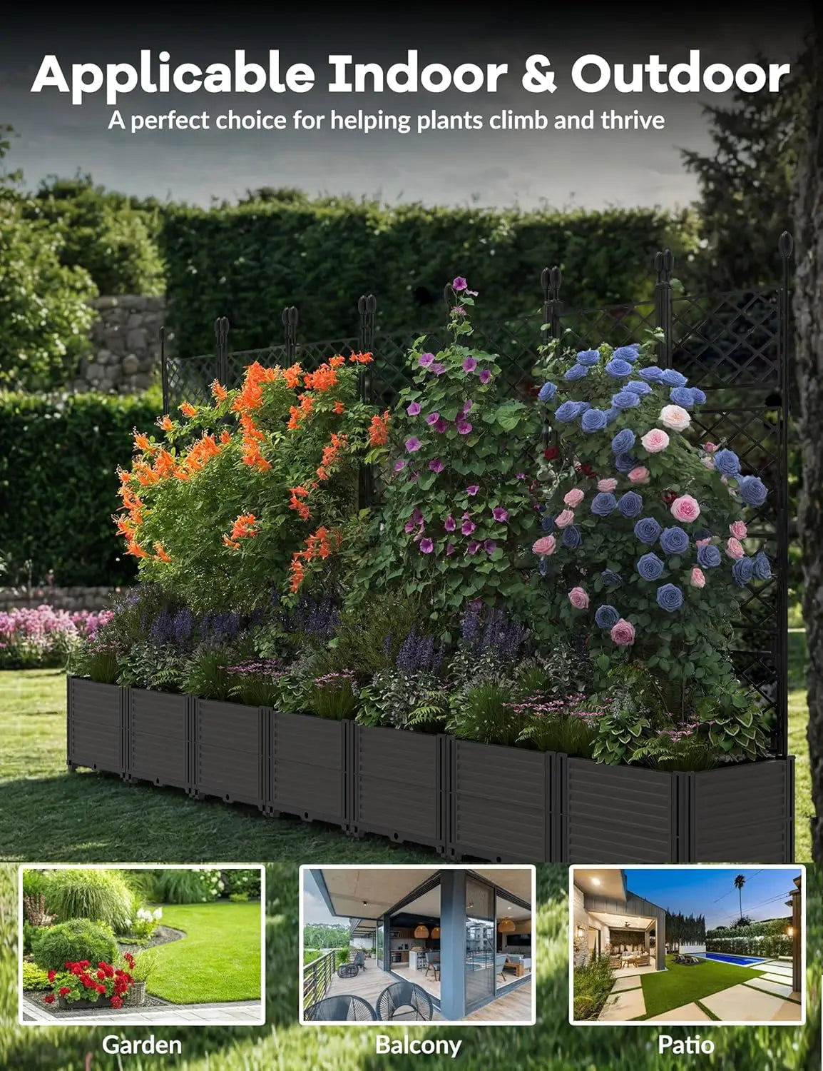 Plastic  5.25' Tall Planter Boxes w/Trellis, Raised Garden Bed, Drainage