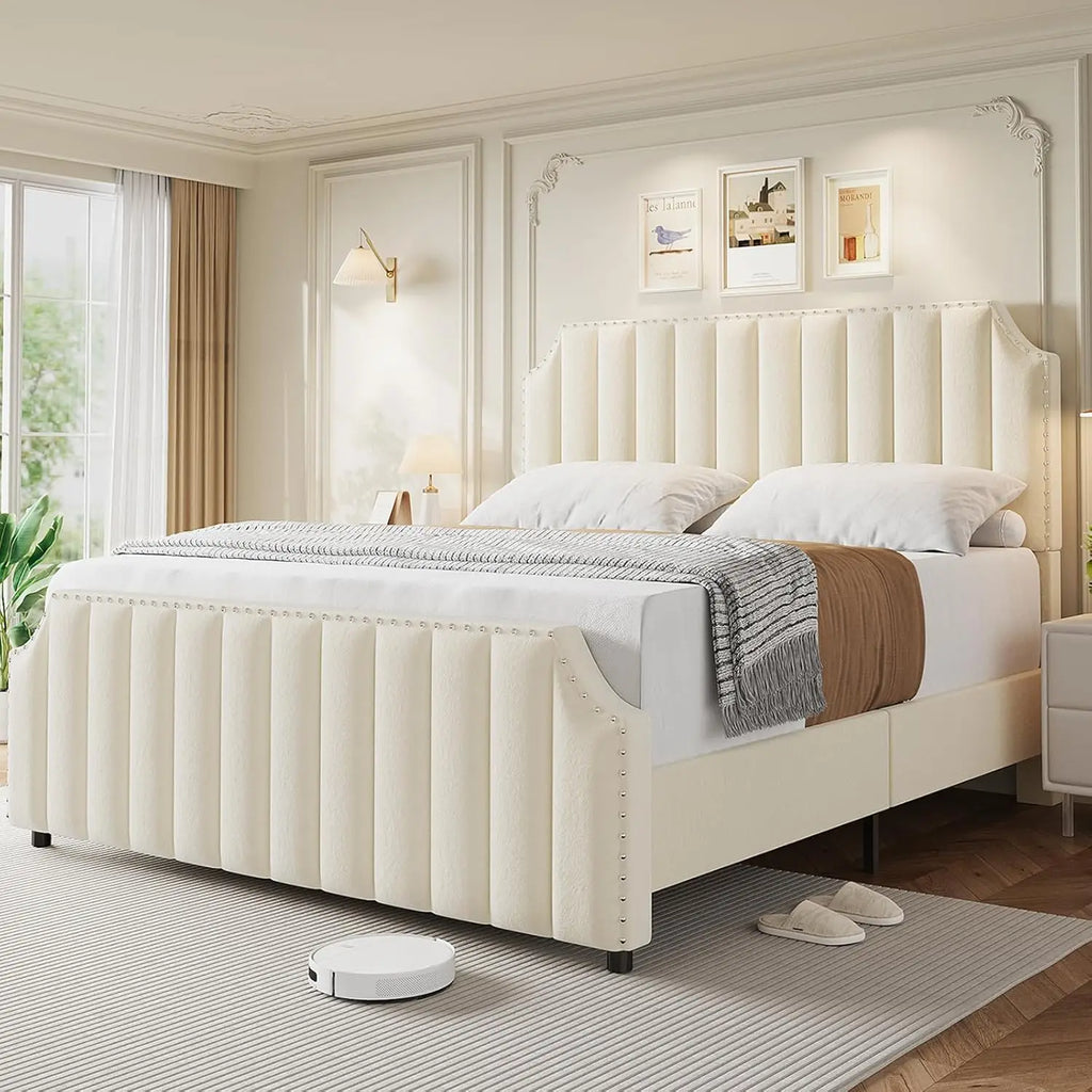 King Velvet Bed Frame 50.2" Upholstered Platform, No Box Spring, Wooden Slats