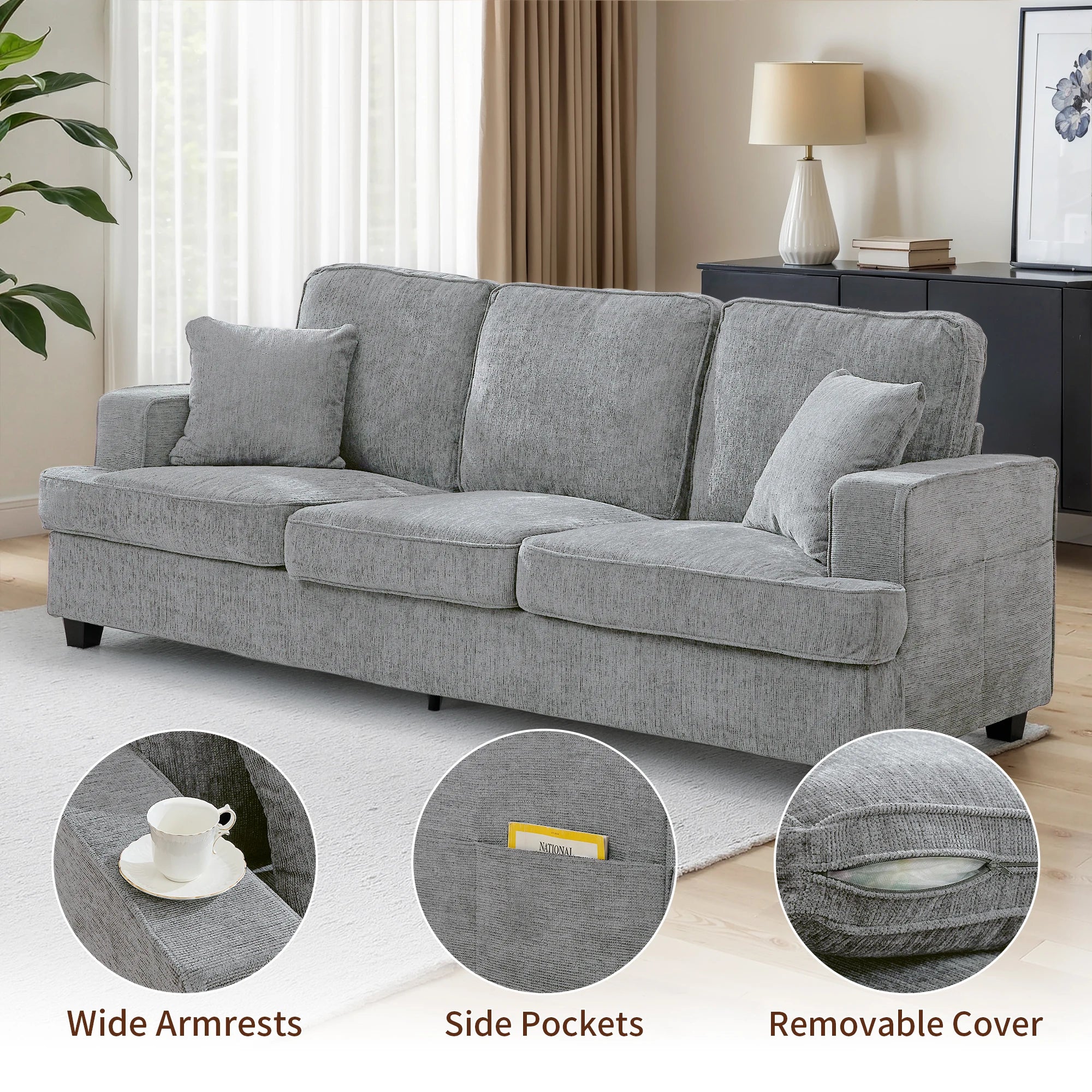 89" Cloud Couch Sofa in Chenille, Extra Comfy Soft 3-Seater