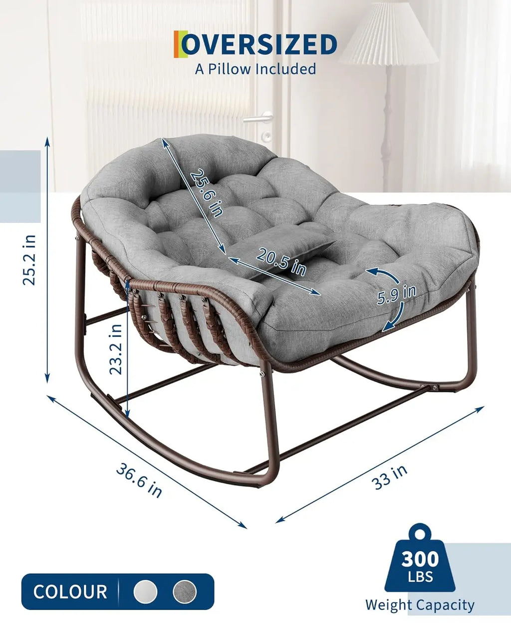Oversized Wicker Papasan Rocking Chair, Cushion & Metal Frame