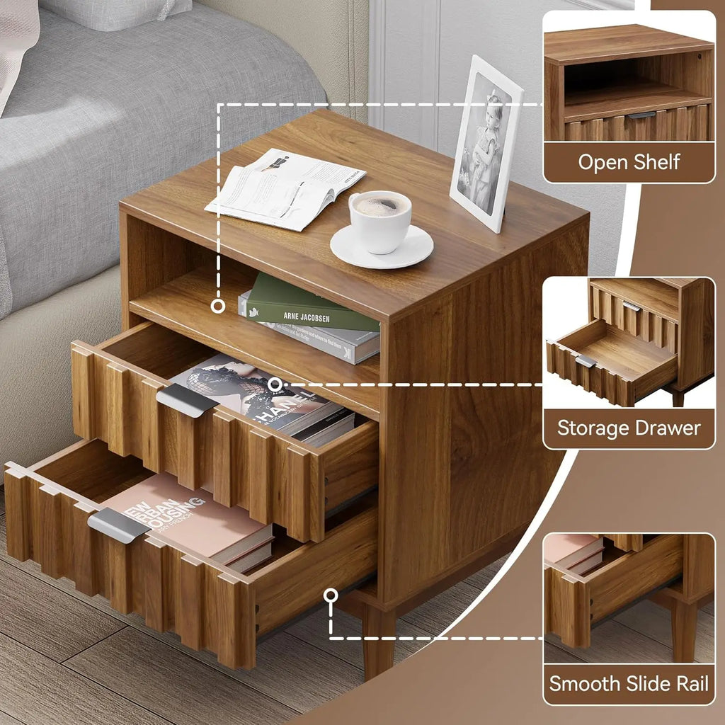 Fluted Nightstand 2-Drawers, 19" Wide Solid Wood Legs, Open Shelf
