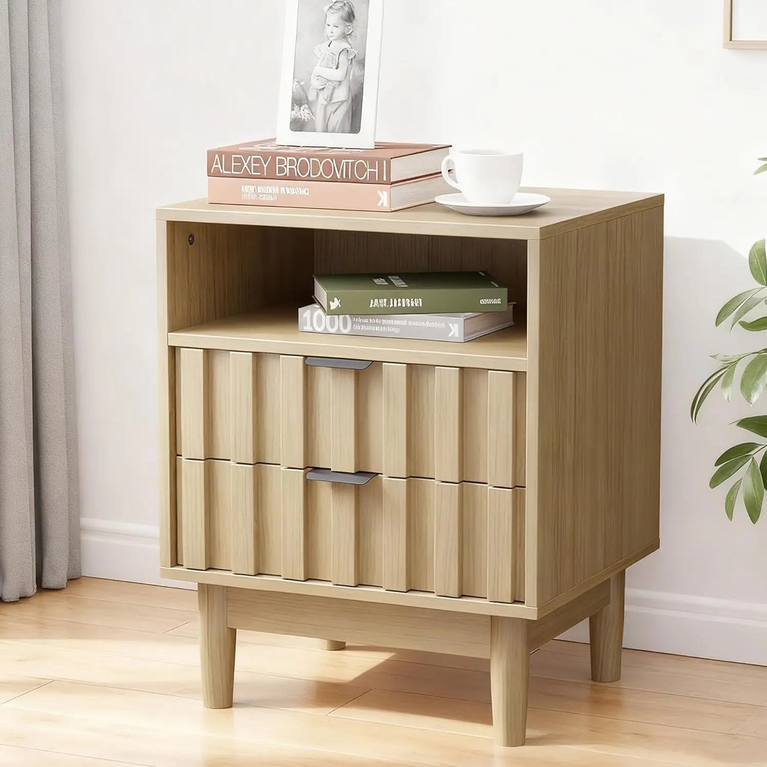 Fluted Nightstand 2-Drawers, 19" Wide Solid Wood Legs, Open Shelf