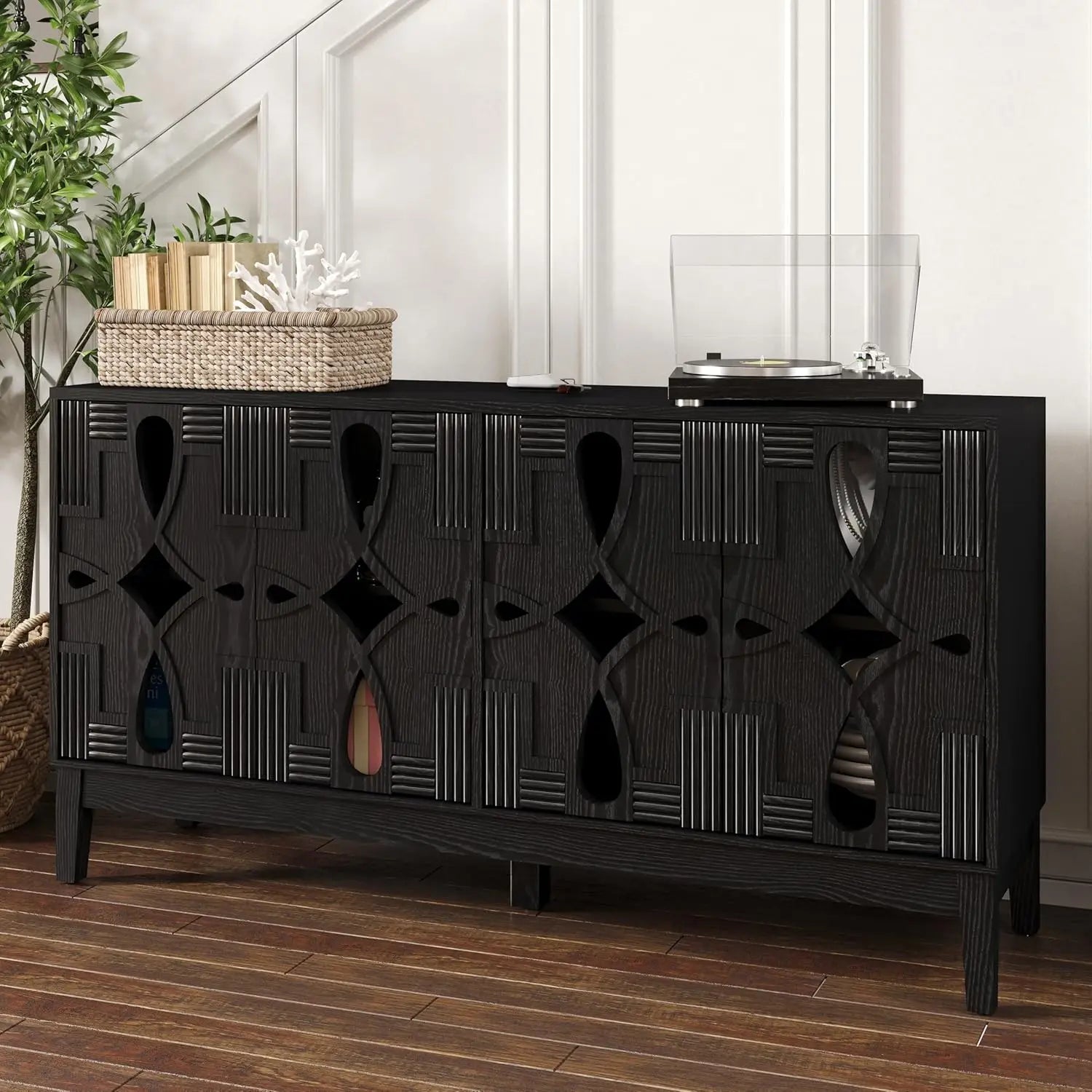 60" Blue Sideboard Buffet 4-Door Hollow Storage Shelf Vintage Console