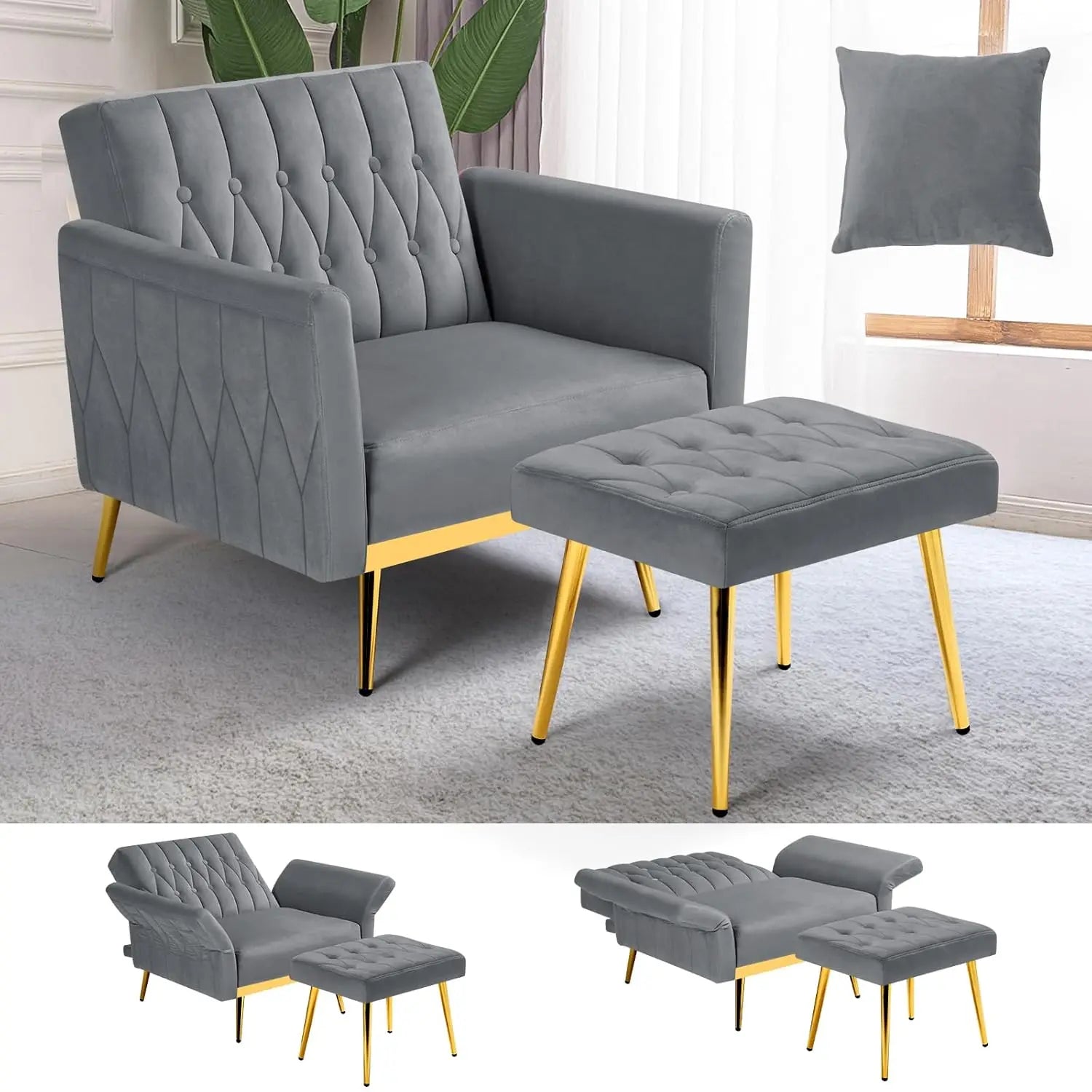 Velvet Recliner Chair Adjustable Armrests and Backrest, Button Tufted Chair