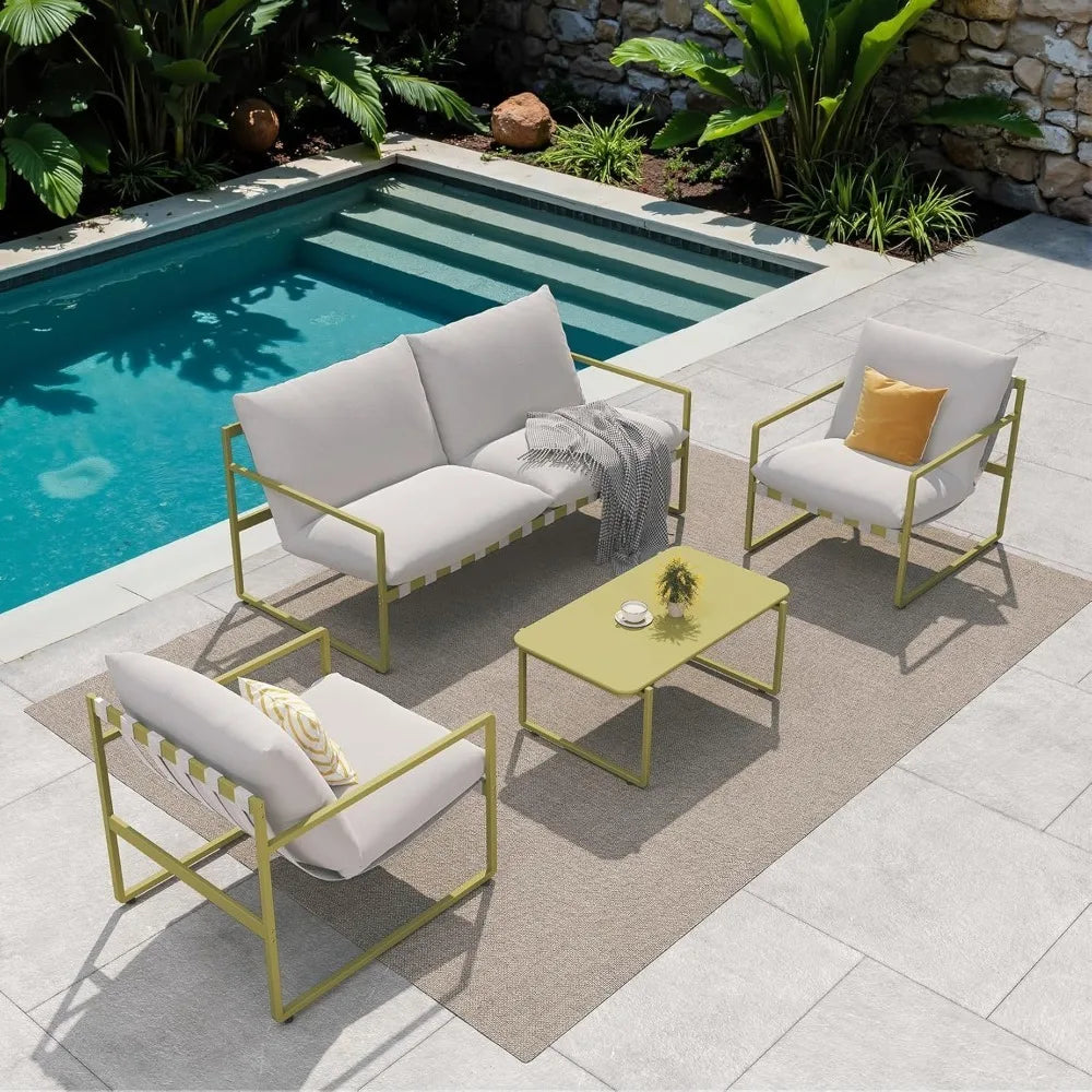 4-Piece Patio Furniture Set, Soft Cushions, Small Metal Sofa, Coffee Table
