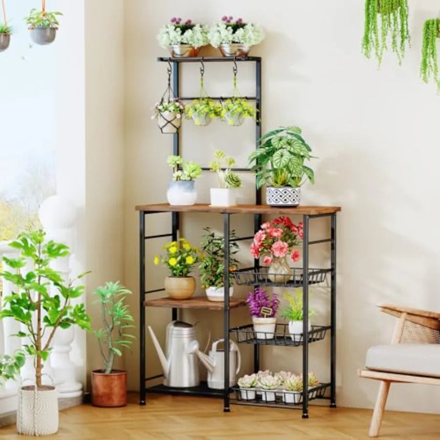 Baker's Rack Storage, Coffee Bar Cabinet, Shelves, Organizer 8 Hooks, Baskets