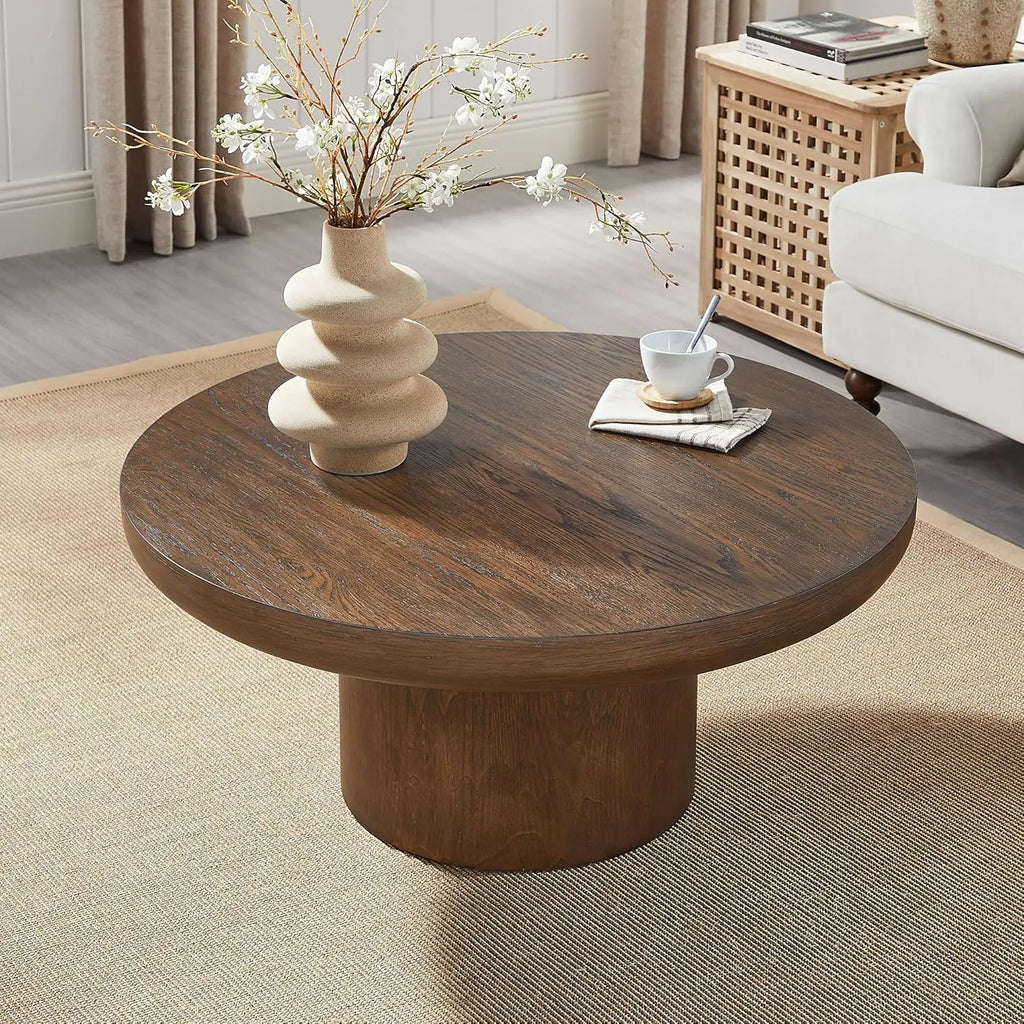 Rustic 35.98'' Round Wood Pedestal Coffee Tables