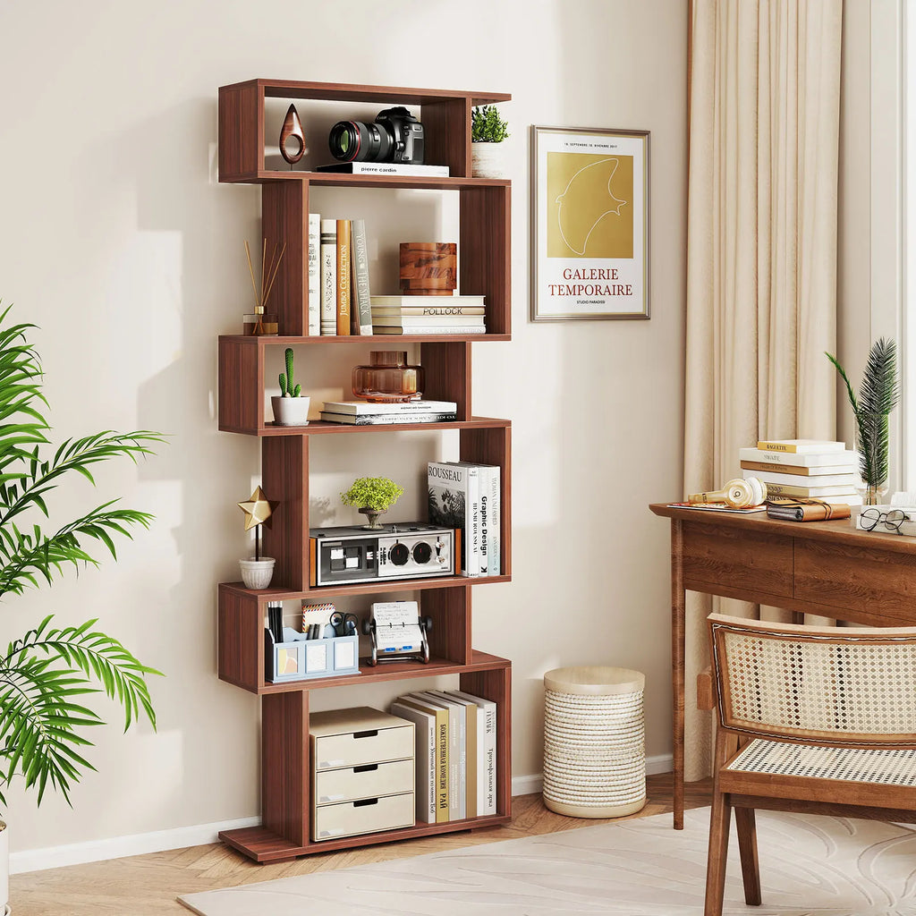 6-tier Storage Bookshelf S-shaped Geometric Bookcase w/ Anti-toppling Kits