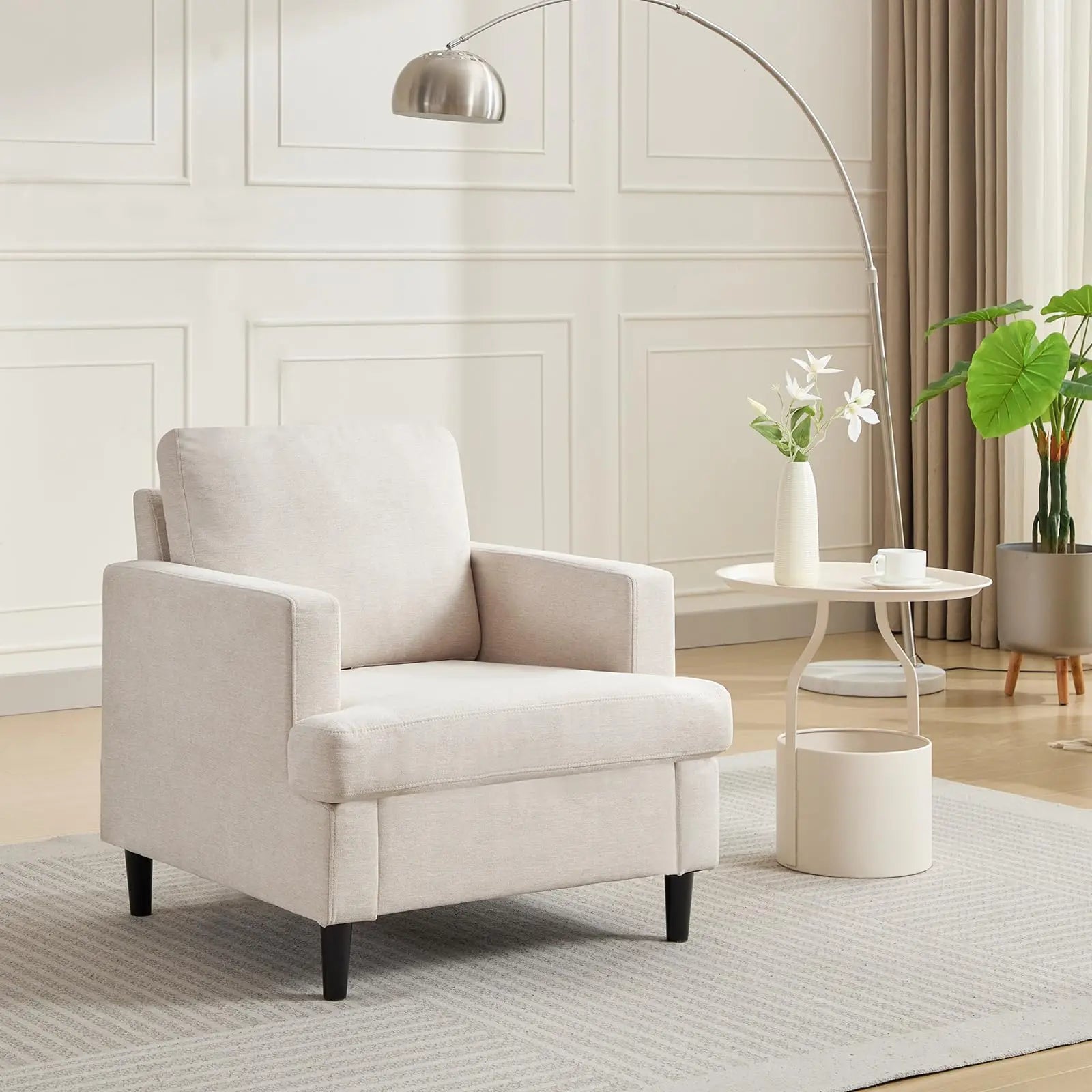 Accent Chair, Linen Soft Thick High Resilience Foam Cushion, Wood Legs