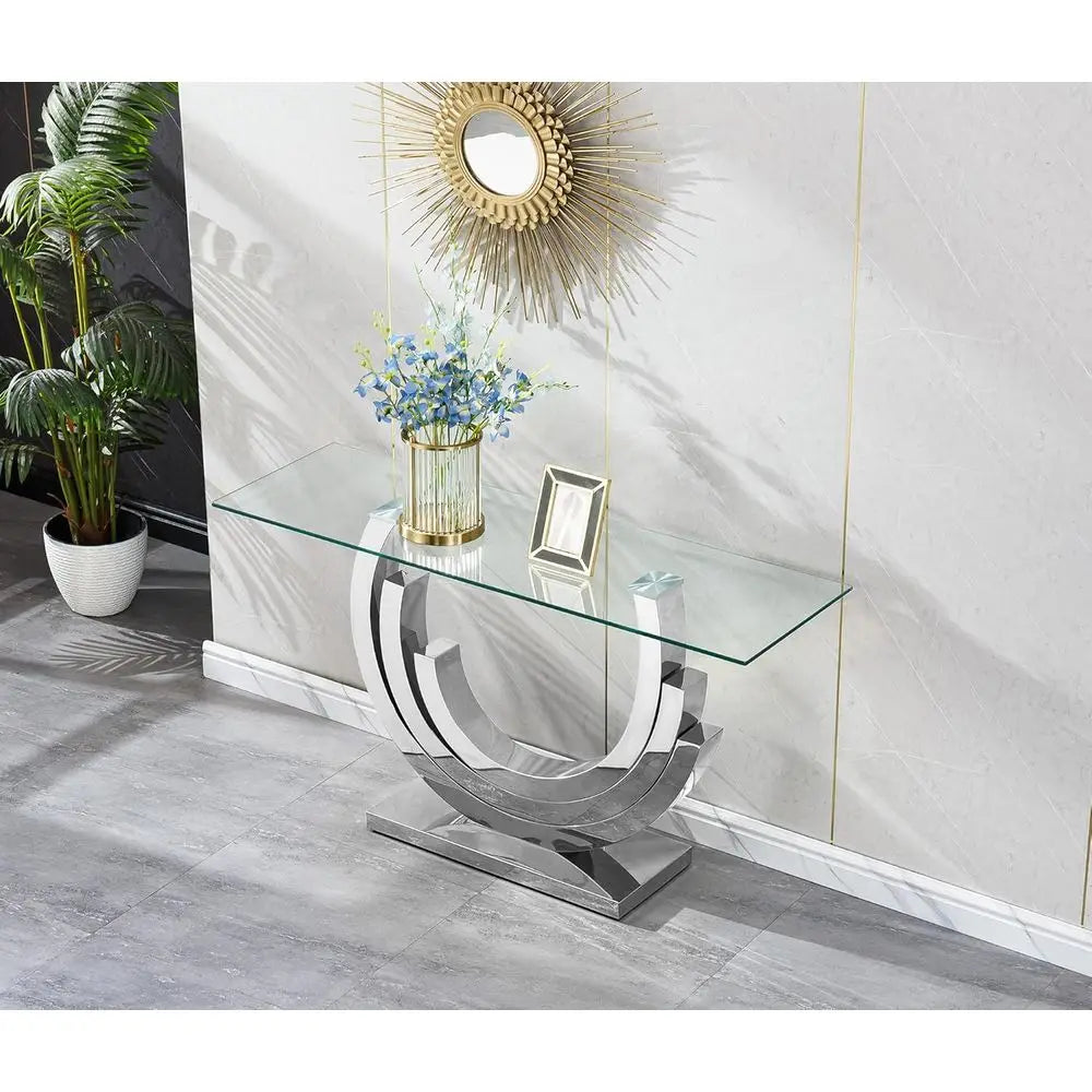 47IN Silver, Clear Glass Console Ring Mirrored Stainless Steel Base