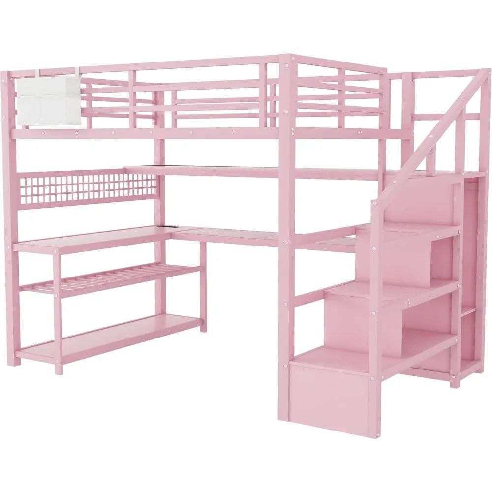 Full Size Loft Bed Frame w/Stairs, Desk, Storage Staircase, Charging Station & LED Light