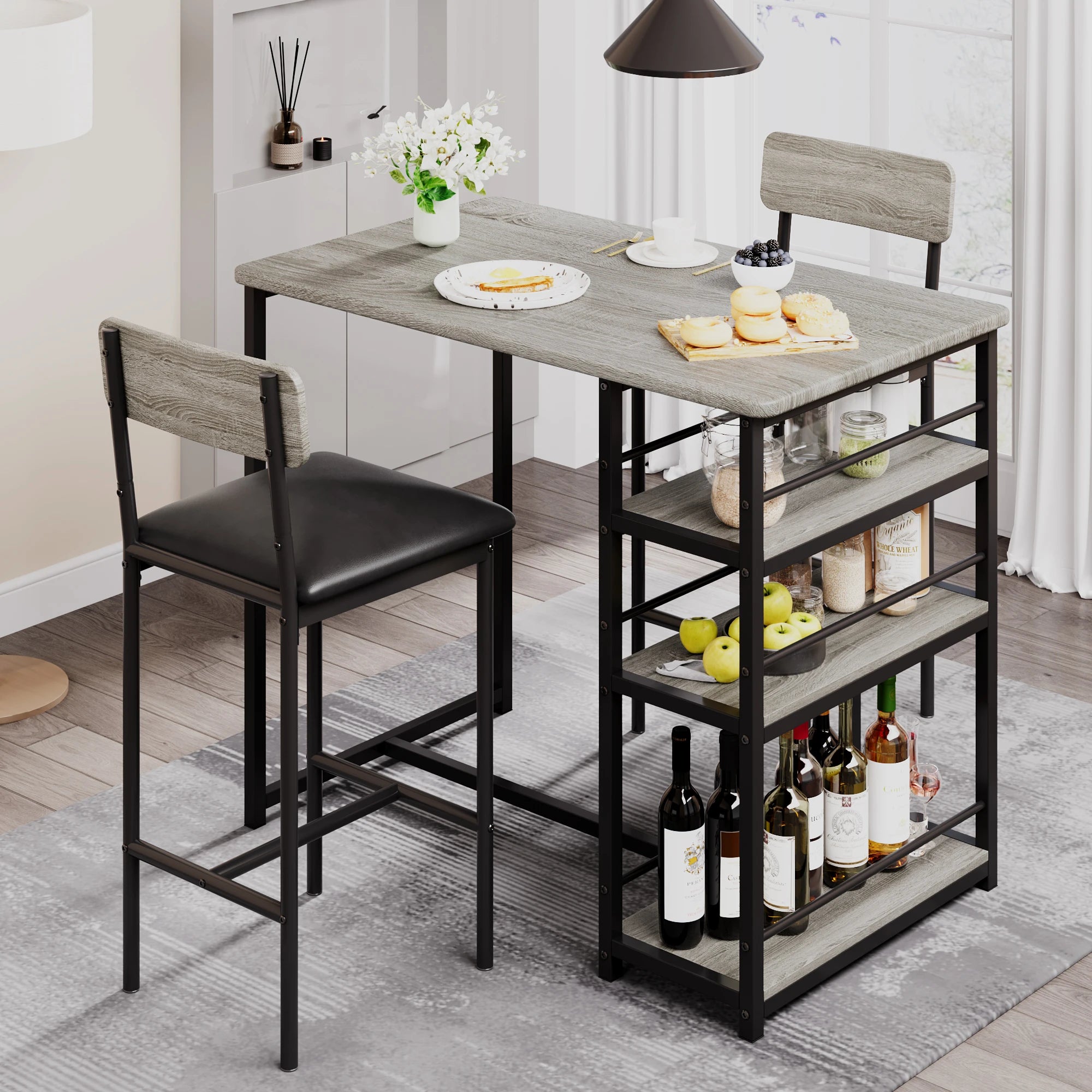 Dining Table Set, 3-Tier Shelves  with 2 Padded Chairs